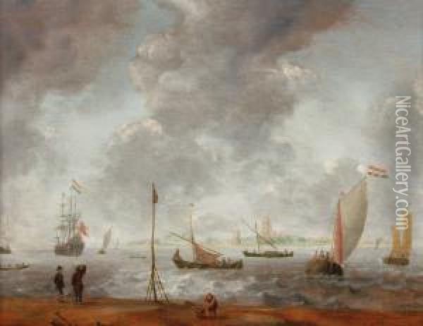 An Estuary Sceneover The Maas 
Near The Dutch Town Of Dordrecht, With Small Dutchvessels, A Man-of-war 
At Anchor, Some Figures On A Beach In Theforeground, Under A Heavily 
Clouded Sky Oil Painting - Jan Peeters