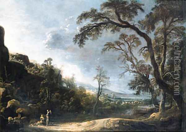 Tobias and the Angel in an extensive wooded, mountainous landscape Oil Painting - Joachim Govertsz. Camphuysen