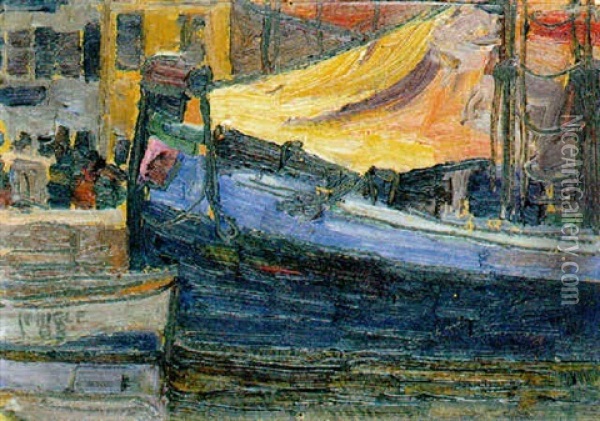Verankerte Boote Mit Hauswand Im Hintergrund Oil Painting - Egon Schiele