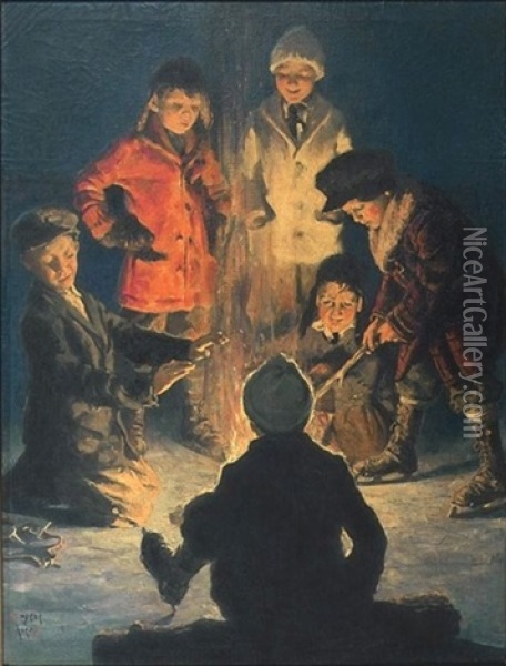 Children Around A Campfire At Edge Of Frozen Pond (illus. For Saturday Evening Post) Oil Painting - Eugene Iverd