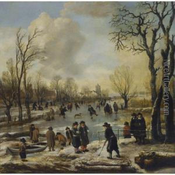 A Winter Landscape With 
Villagers Skating And Playing Kolf On A Frozen Canal, A Village Beyond Oil Painting - Aert van der Neer