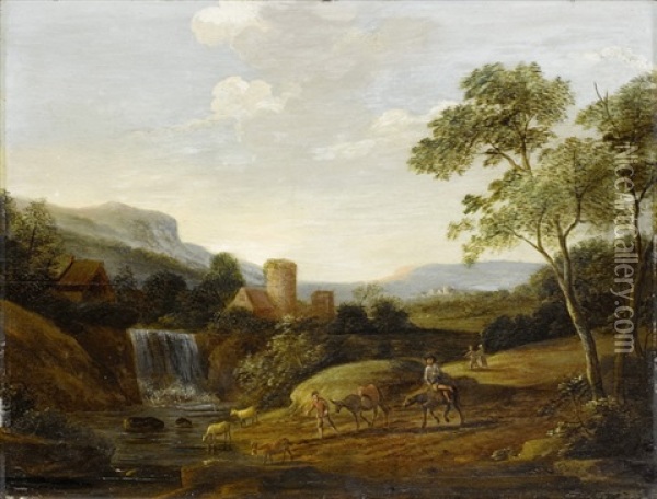 Sudliche Landschaft Mit Burg Und Wasserfall Oil Painting - Jan Dirksz. Both