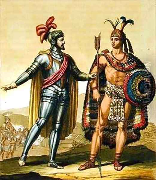 The Encounter between Hernando Cortes 1485-1547 and Montezuma II 1466-1520 Oil Painting - Gallo Gallina