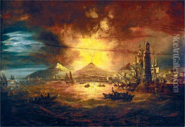 The Eruption Of Vesuvius As Viewed From The Bay Of Naples Oil Painting - William II Sadler