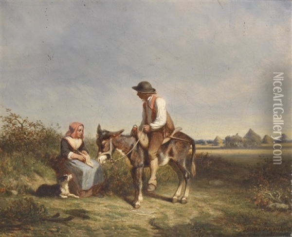 Plausch Auf Der Landstrase Oil Painting - Ernest Louis Augustin Seigneurgens