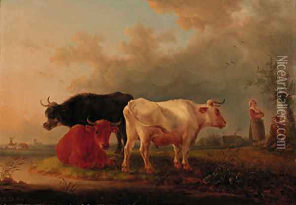 Cattle on a river bank, drovers conversing beyond Oil Painting - Jean-Baptiste De Roy