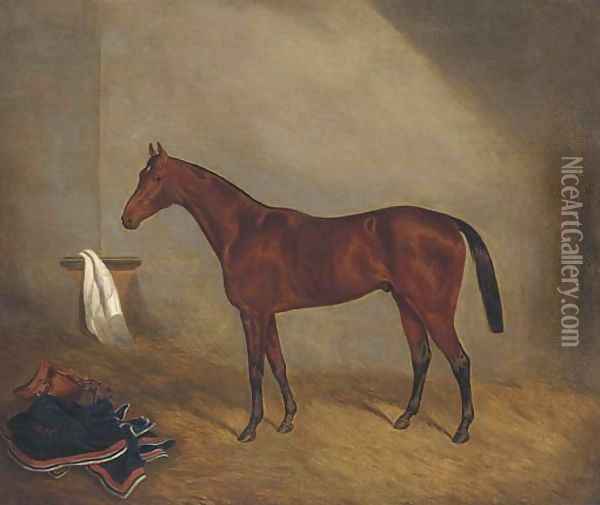 A bay racehorse in a stable Oil Painting - Joshua Dighton