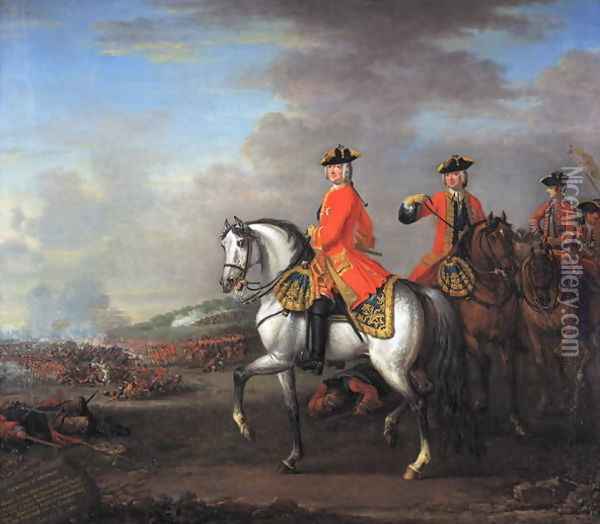 King George II (1683-1760) at the Battle of Dettingen, with the Duke of Cumberland and Robert, 4th Earl of Holderness, 27th June 1743, c.1743 Oil Painting - John Wootton
