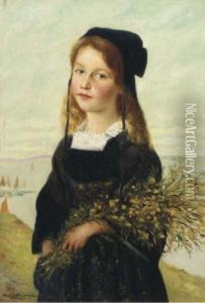 Girl With Yellow Flowers Oil Painting - Henry D Estienne