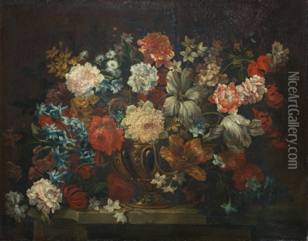 Tulips, Carnations, Narcissi And Other Flowers In A Bronze Urn On A Stone Ledge Oil Painting - Jean-Baptiste Monnoyer