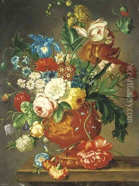 Roses, tulips, carnations, morning glory, daffodils and other flowers in a vase on a ledge Oil Painting - Jan Van Huysum
