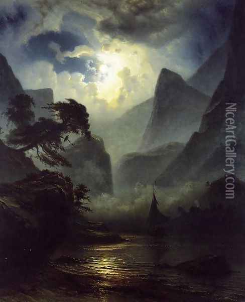 A Norwegian Fjord by Moonlight Oil Painting - Knud (Andreassen) Baade