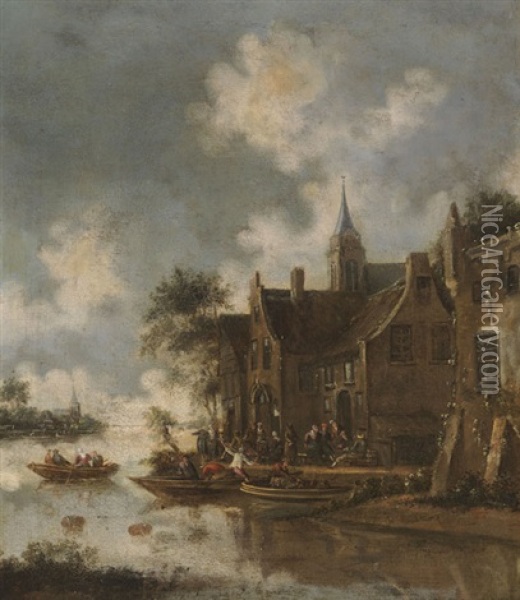 Flusslandschaft Mit Fahrbooten Oil Painting - Thomas Heeremans