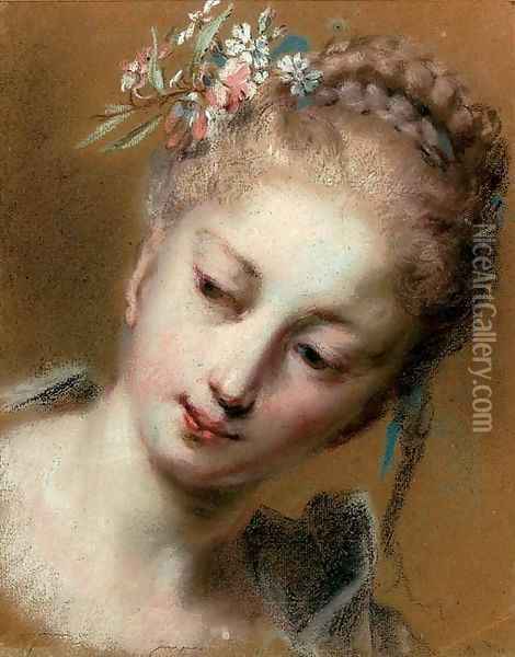 Tete de jeune fille avec des fleurs dans ses cheveux tresses Oil Painting - Rosalba Carriera