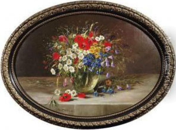 Still-lifewith Poppies, Marguerites And Foxgloves In A Vase Oil Painting - Konstantin Stoitzner