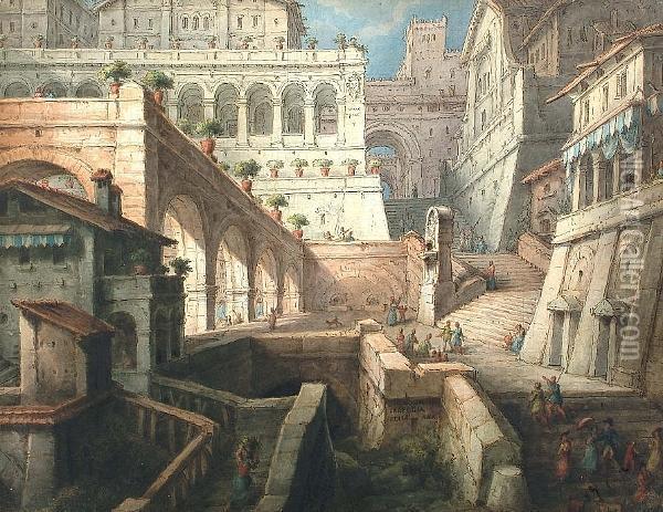 View Of A Fantastic Piazza Oil Painting - Antonio Basoli