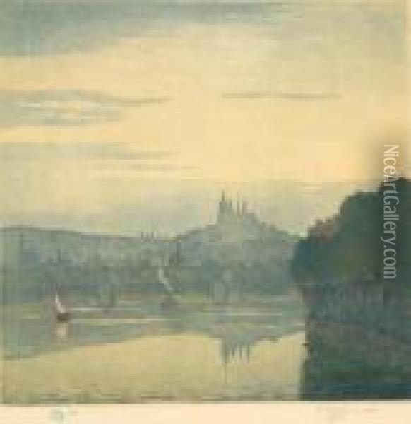 A View Of The River Vltava With Prague Castle Oil Painting - Tavik Frantisek Simon