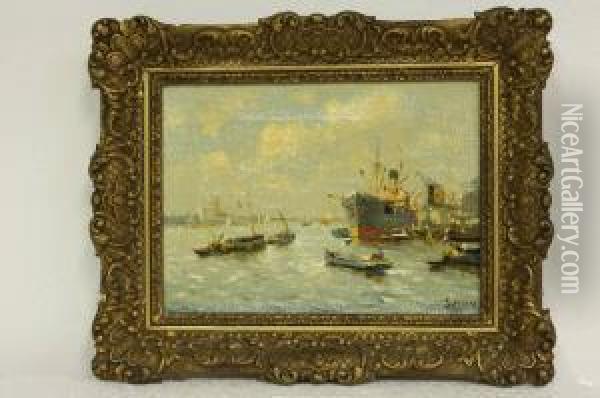 Bedrijvigheid In De Rotterdamse Haven Oil Painting - J. Van Delden
