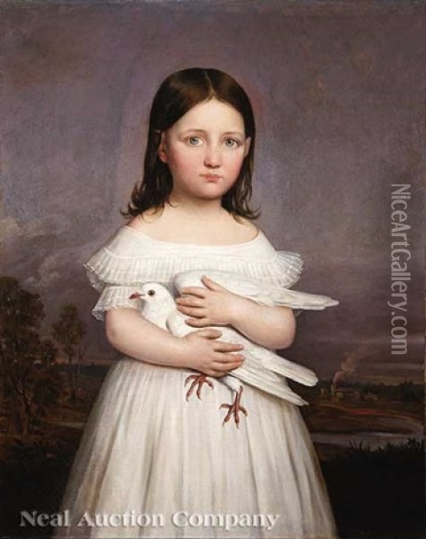 Portrait Of Jeanne Roman (1836-1889) Holding A Dove, Daughter Of Aimee Francoise Parent (b. 1797) And Louisiana Governor Andre Bienvenu Roman (1795-1866) Oil Painting - Jacques Guillaume Lucien Amans