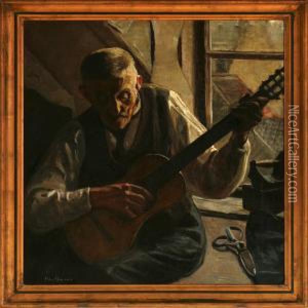 En Mand, Der Spiller Pa En Guitar Oil Painting - Christian Aigens