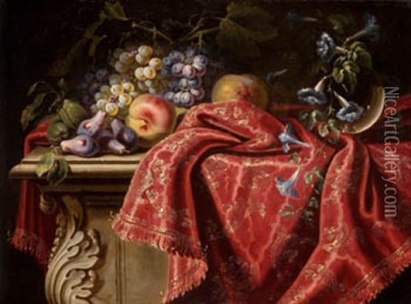 Bodegon De Frutas Sobre Tapiz Bordado Oil Painting - Carlo Manieri