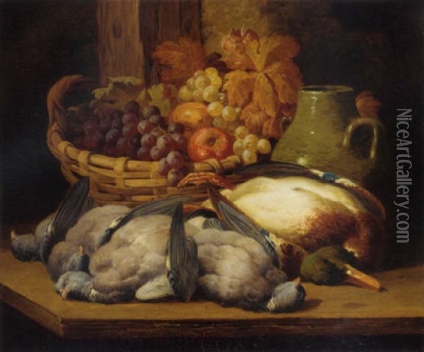 Dead Game, Grapes And Apples In A Wicker Basket, And A Green Ceramic Pot, On A Wooden Table Oil Painting - William Duffield