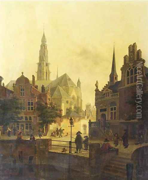 Figures by a canal in a town square Oil Painting - Jan Hendrik Verheyden