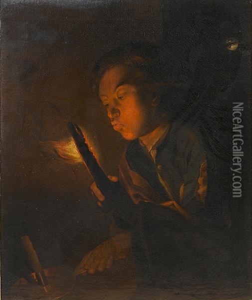 A Boy Blowing On The Embers Of A Piece Of Wood And Holding A Candle Oil Painting - Godfried Schalcken