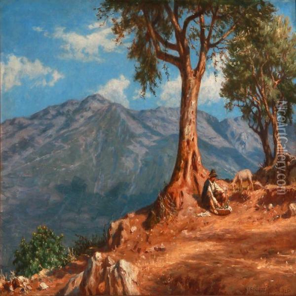 Mountain Landscape With A Shepherd Oil Painting - N. F. Schiottz-Jensen