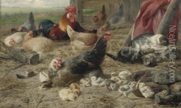 Kippen In Het Neerhof: In The Barnyard Oil Painting - Eugene Remy Maes