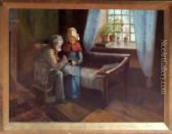A Cottage Interior With An Elderly Couple Looking At Aphotograph Oil Painting - James Watson