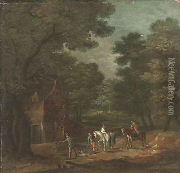 A wooded landscape with hunters by a cottage Oil Painting - Flemish School