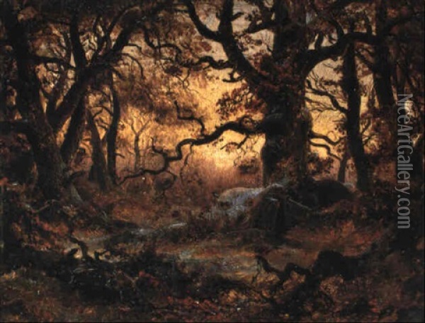 Winterliche Waldlandschaft Mit Abendstimmung In Winter Oil Painting - Johann Wilhelm Schirmer