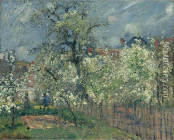 Le Jardin De Maubuisson, Pontoise, Poiriers En Fleur Oil Painting - Camille Pissarro