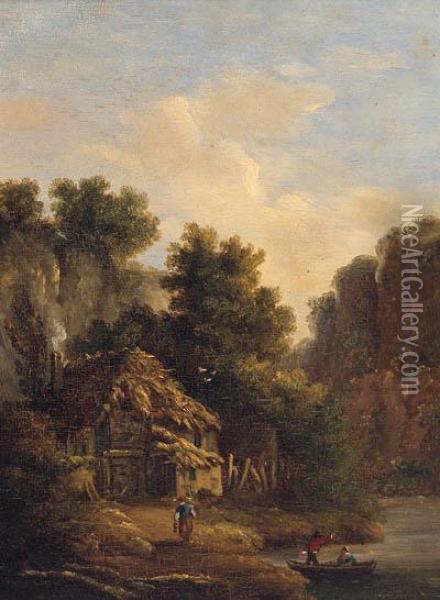 Figures Before A Cottage In A Gorge Oil Painting - James Arthur O'Connor