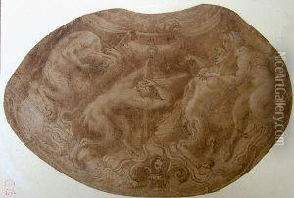 Satyrs Gathered Round A Fountain Oil Painting - Rancesco De' Rossi (see Salviati, Cecchino Del)