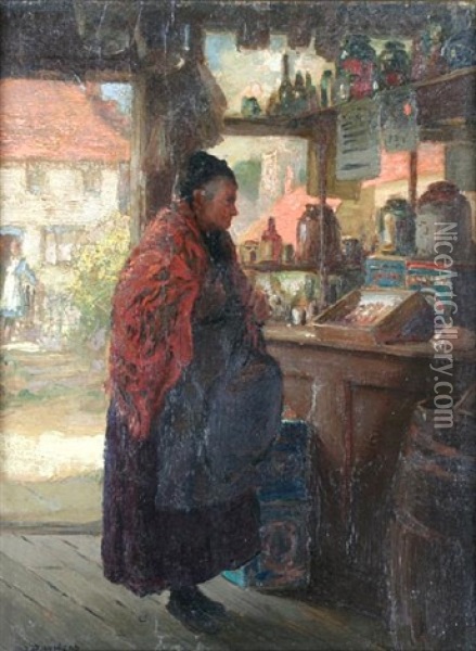 A Lady In A Village Shop Oil Painting - Allan Douglas Davidson