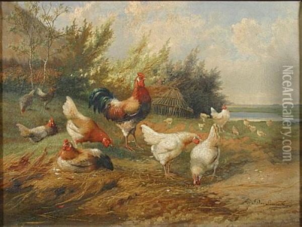 Landschap Met Kippen. Oil Painting - Jef Louis Van Leemputten