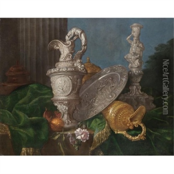 A Still Life With Elaborate Silver And Gold Jugs, A Silver Platter Representing The Judgement Of Paris, A Candlestick With Hercules And Various Fruit All Arranged On A Partly Draped Table Oil Painting - Meiffren Conte