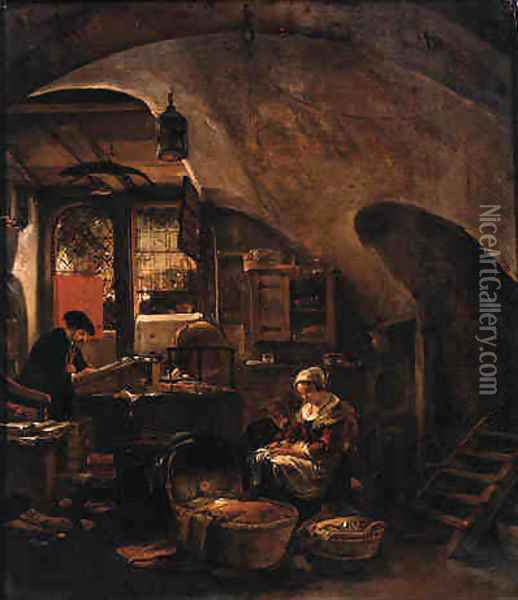 An alchemist at work in a vaulted room, with a woman seated by a cradle Oil Painting - Thomas Wijck