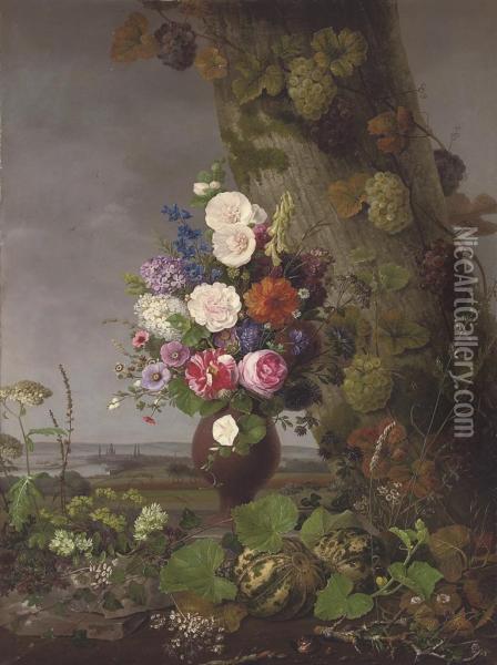 A Still Life Of Wild And Cut Flowers, A Landscape Beyond Oil Painting - Frederik Christian Camradt