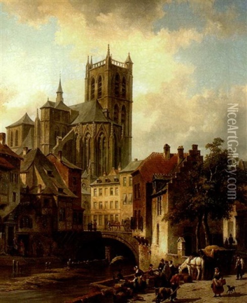 View Of The Town Of Huy On The Muese River, Belgium, With Cathedral Oil Painting - Jacques Francois Carabain