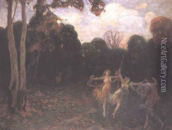 Dancing Girls at the Edge of the Forest 1895 Oil Painting - Simon Hollosy