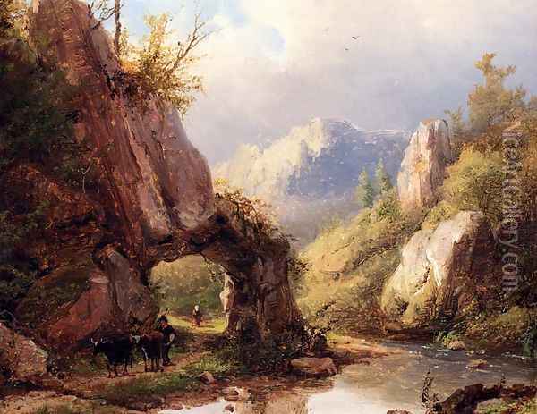 A Mountain Valley With A Peasant And Cattle Passing Along A Stream Oil Painting - Johann Bernard Klombeck