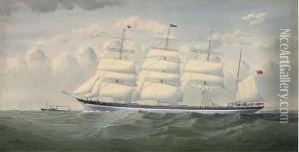The Four-masted Barque 
Sindia 
 Under Shortened Sail In The Channel Oil Painting - Richard Henry Neville-Cumming