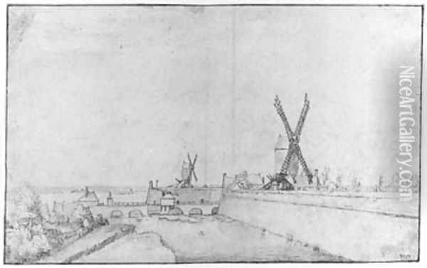The North Walls of Antwerp, with Windmills on the Ramparts near the North Gate Oil Painting - Flemish School