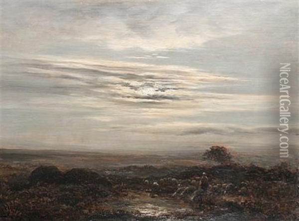 Berger Et Ses Moutons Au Clair De Lune Oil Painting - Jean Ferdinand Chaigneau