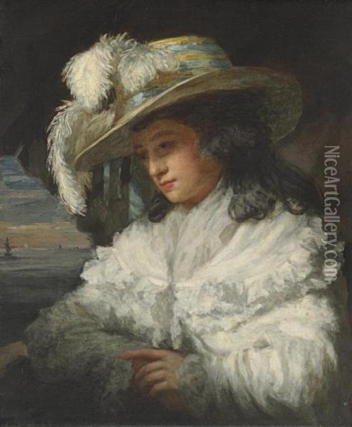 Portrait Of A Lady, Half-length, In A White Dress And Plumed Hat, Aseascape Beyond Oil Painting - John Raphael Smith