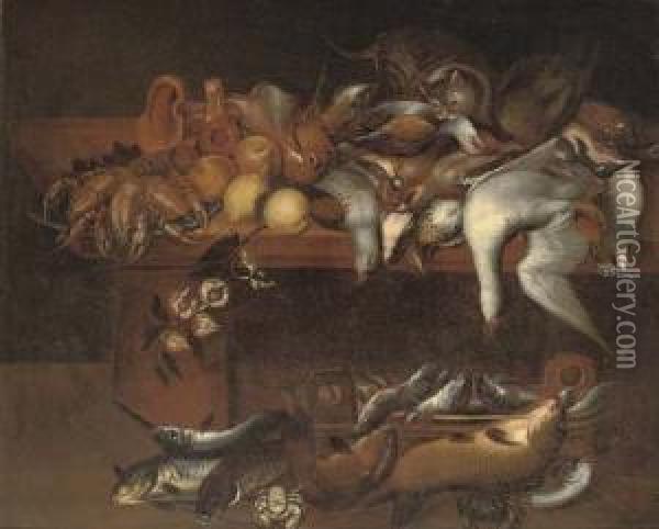 Dead Partridges, A Goose And 
Other Game, A Cat, Lobsters, Lemons And Mushrooms On A Table, A Basket 
Of Fish Nearby Oil Painting - Felice Boselli Piacenza