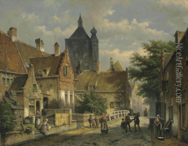 Villagers On A Sunlit Dutch Street Oil Painting - Willem Koekkoek